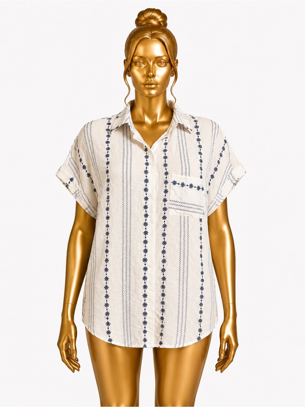 Love & Piece Collection White Navy Embroidered Button Down Shirt XL